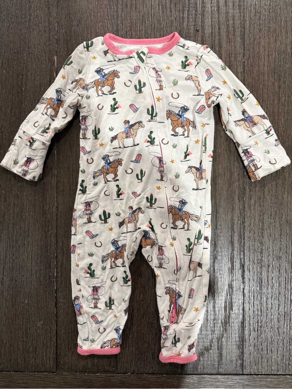 Free Birdees Cowboy & Cactus Baby One-Piece Footie in White with Pink Trim